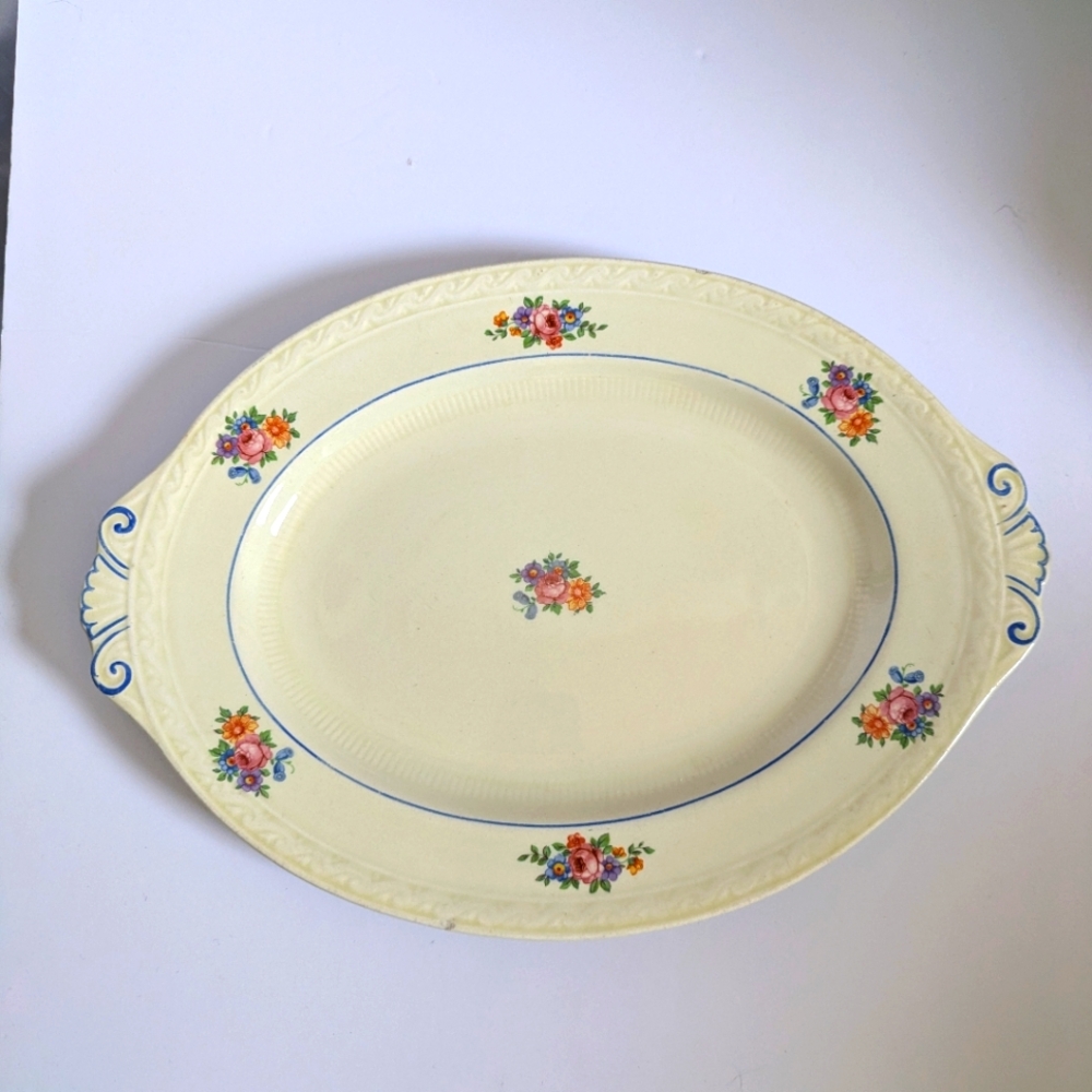 J&G Meakin Vintage Oval Serving Platter Floral Blue Trim Flaws See Description
